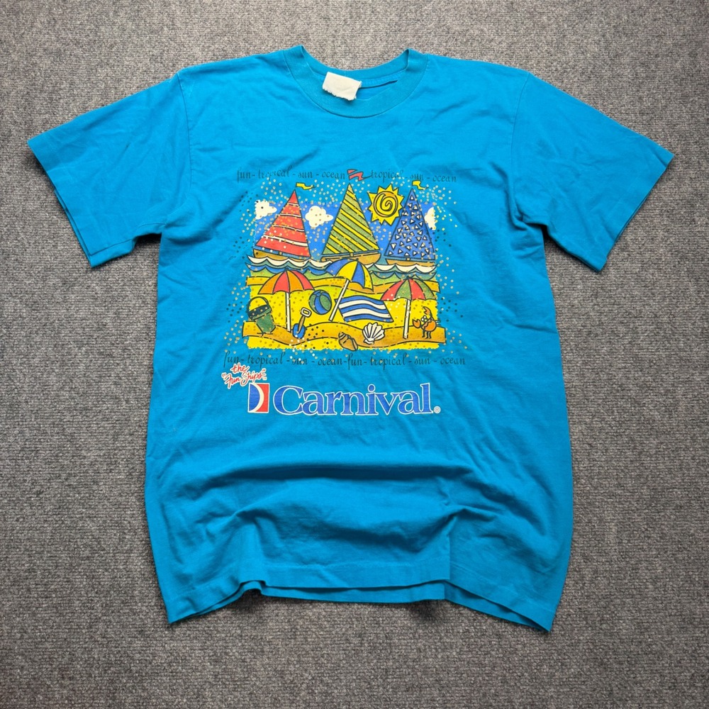 Vintage Carnival Cruise Line The Fun Ships T-Shirt Blue Graphic Souvenir Mens M